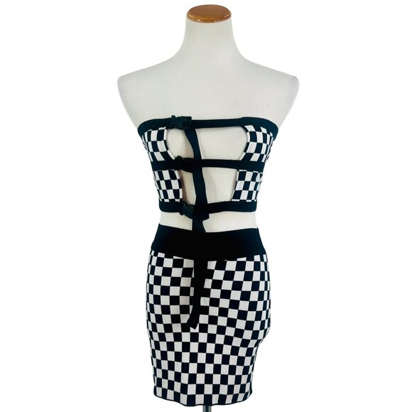 Checkered Black & White Buckle Front Crop Top & Mini Skirt Rave EDM 2 Piece Set - Picture 14 of 16